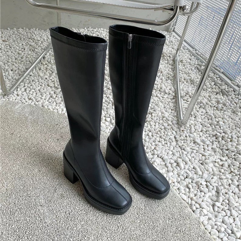 Women's Chic Platform Knee High Boots Square Toe Fashionable