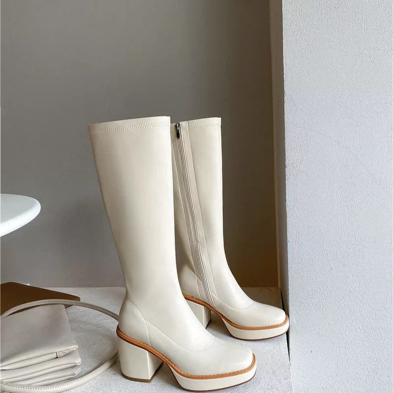 Women's Chic Platform Knee High Boots Square Toe Fashionable