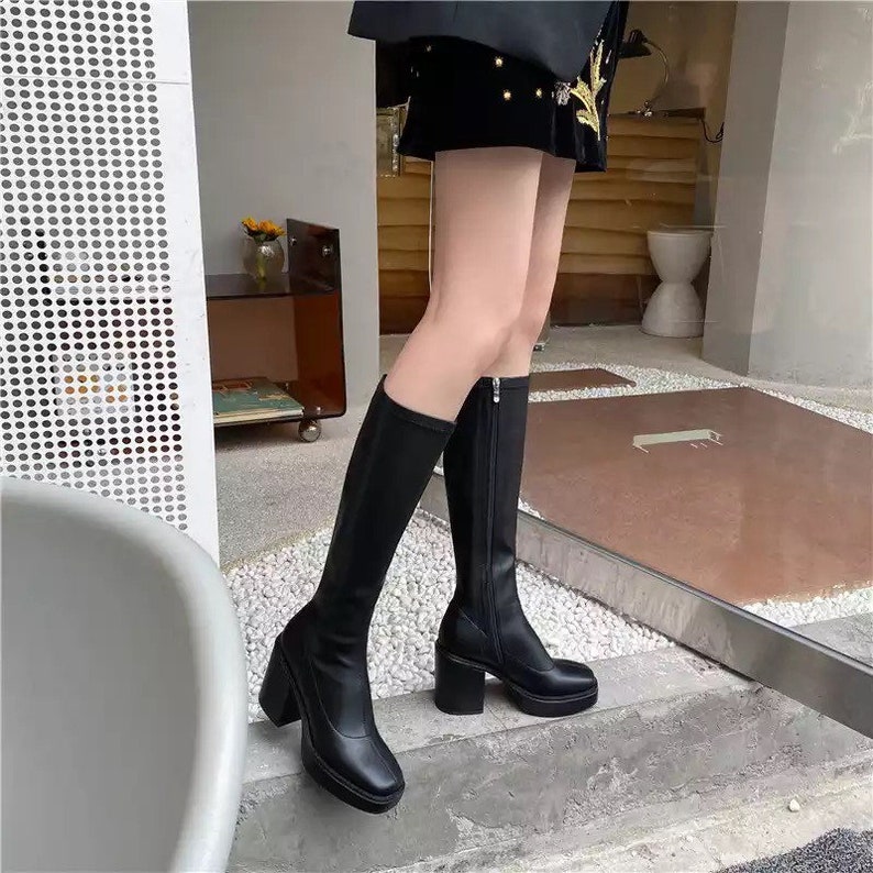 Women's Chic Platform Knee High Boots Square Toe Fashionable