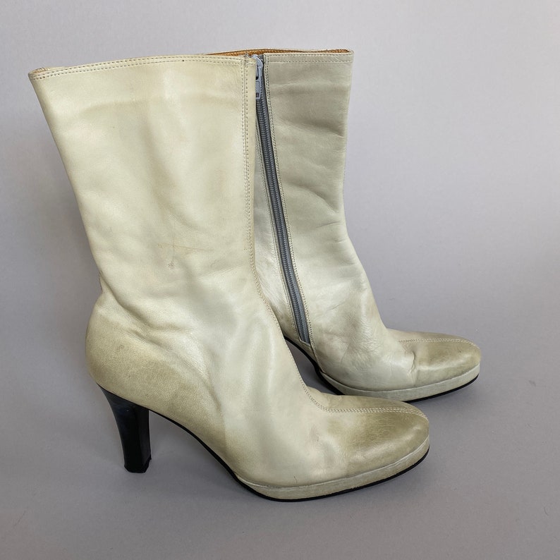 Women's Off White Leather Boots Size 38 Vintage White Platform Boots