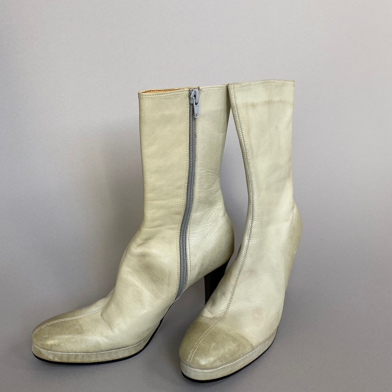 Women's Off White Leather Boots Size 38 Vintage White Platform Boots