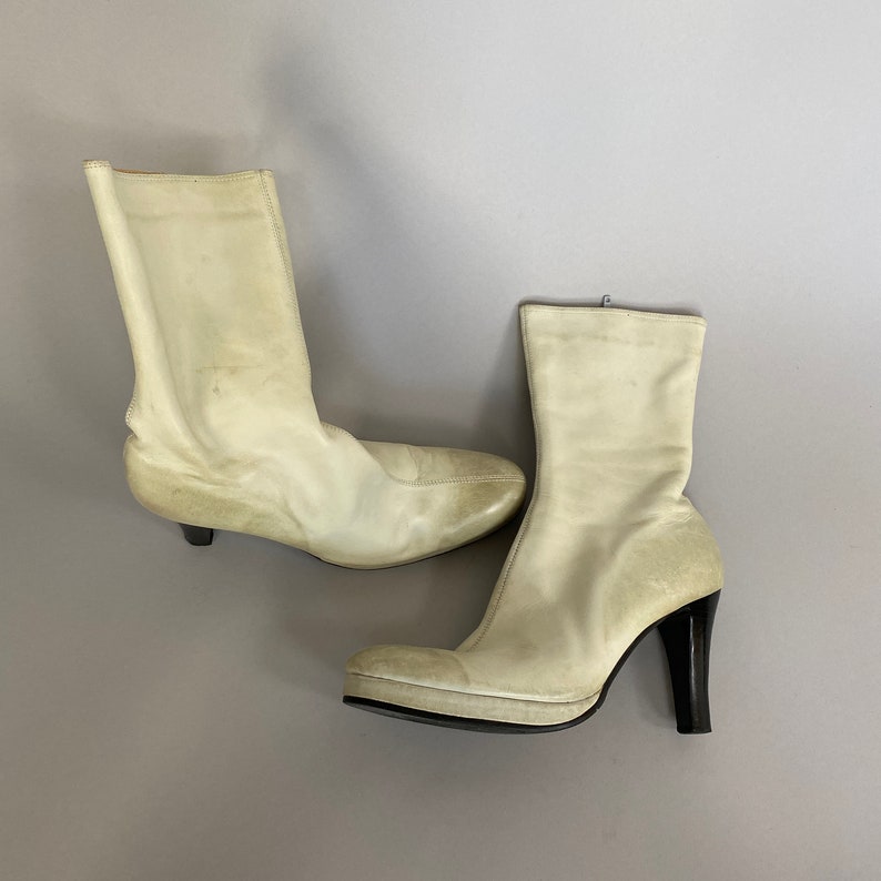 Women's Off White Leather Boots Size 38 Vintage White Platform Boots