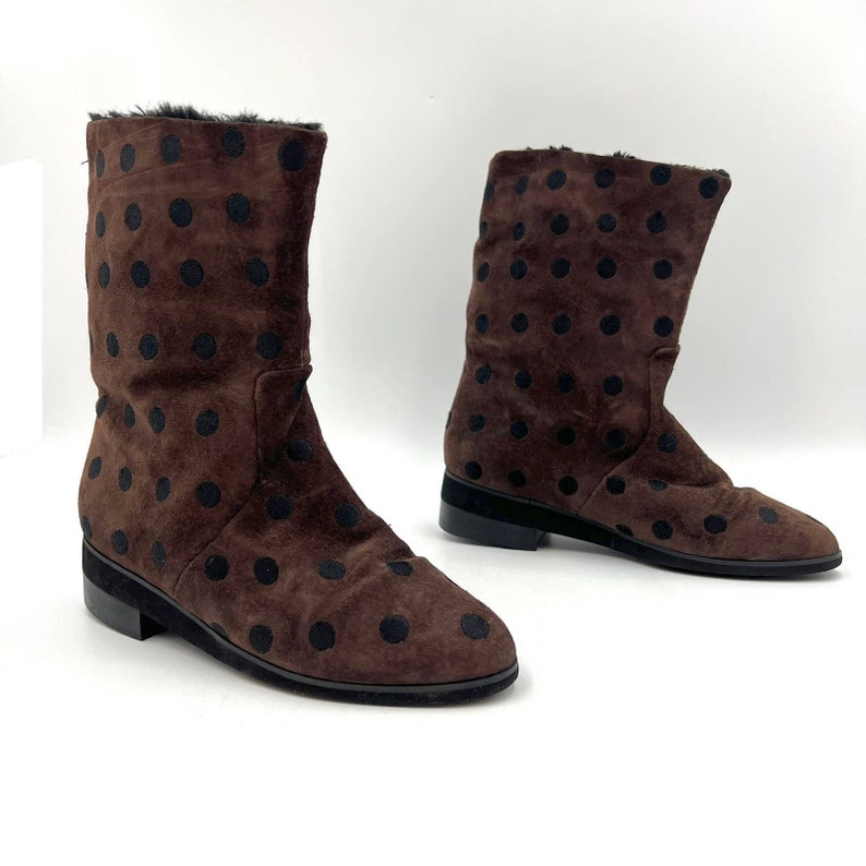 Women's Vintage Perry Ellis Suede Polka Dot Boots Chocolate Brown Faux