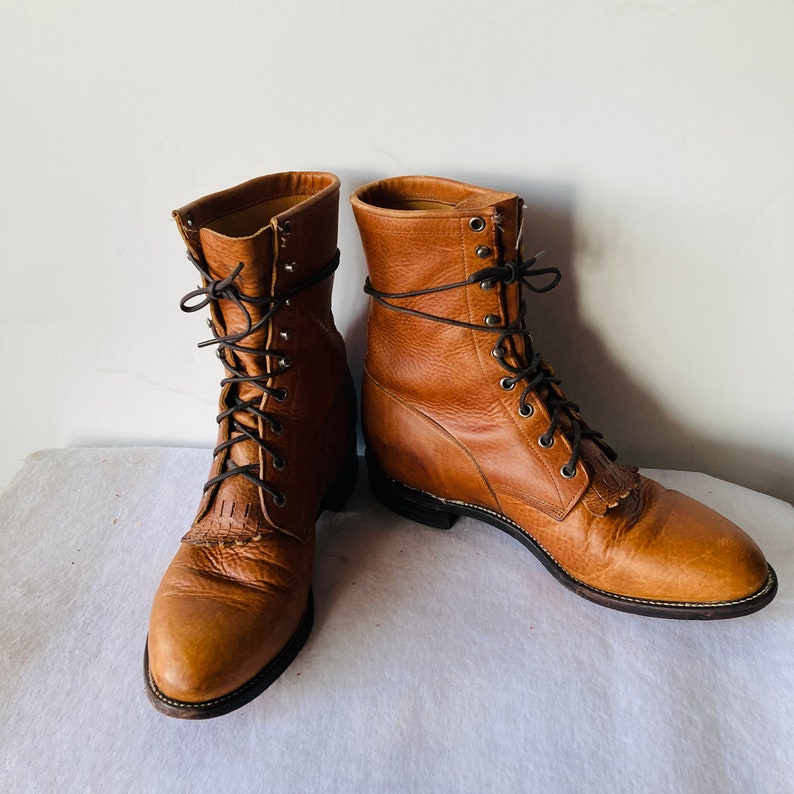 Men's Sz 10 D Vintage Warm Caramel Brown Leather Justin Lace up