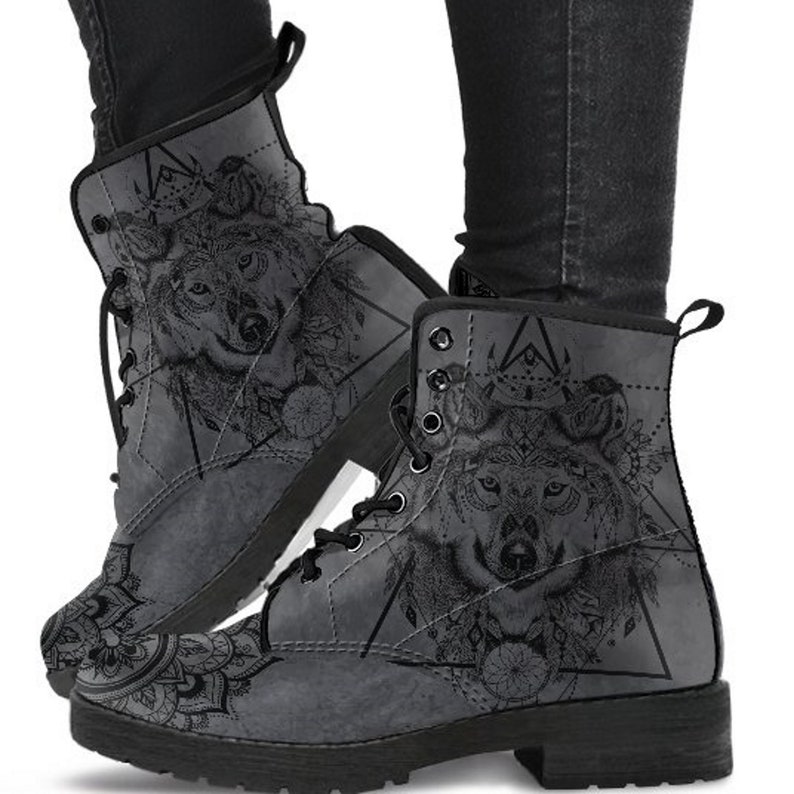 Women's Dark Gray Boots Wolf Mandala Fashion Vegan Leather