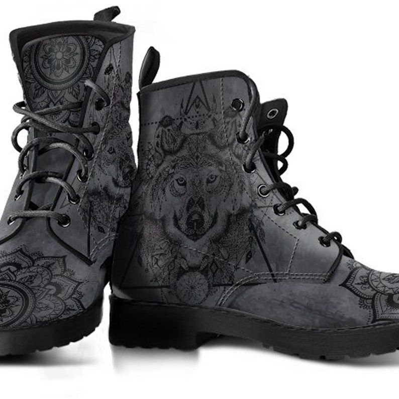 Women's Dark Gray Boots Wolf Mandala Fashion Vegan Leather