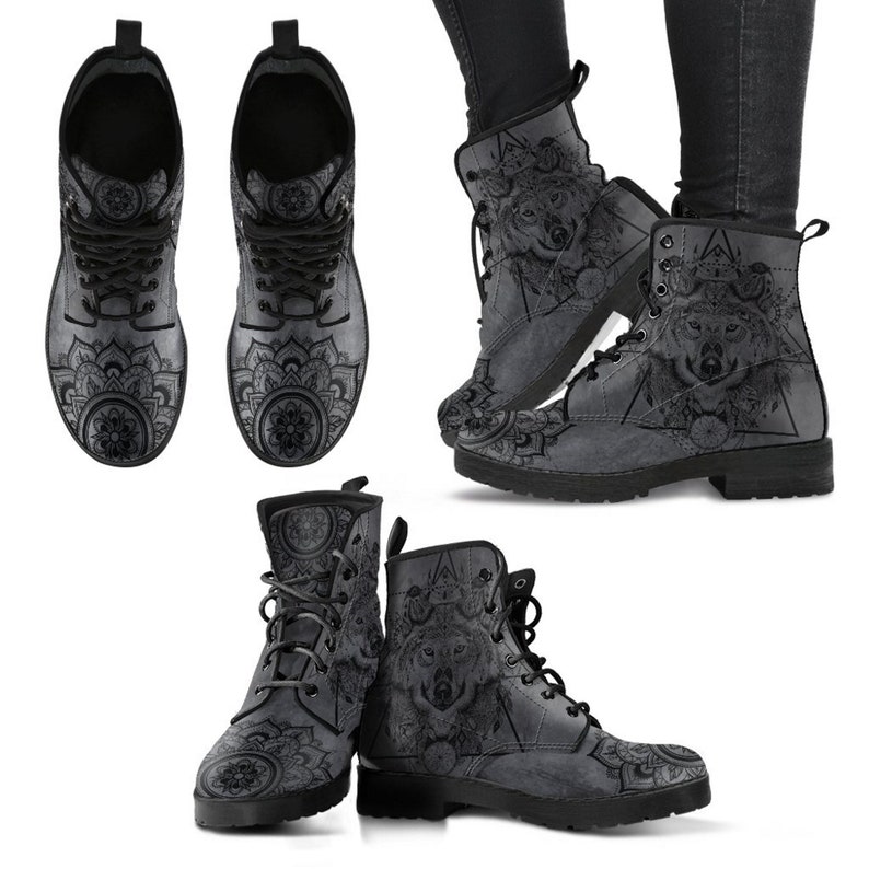 Women's Dark Gray Boots Wolf Mandala Fashion Vegan Leather