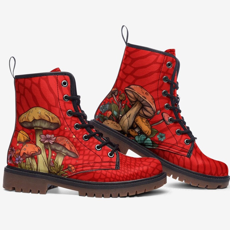 Men's Mushroom Boots Red Boots Vegan Leather Lace up Combat Boots