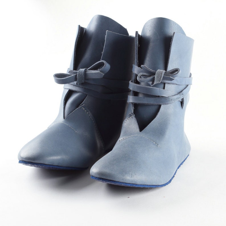 Women's Blue Real Leather Booties Navy Leather Medieval Style Festival