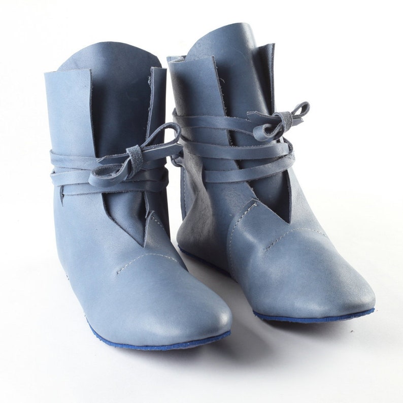 Women's Blue Real Leather Booties Navy Leather Medieval Style Festival