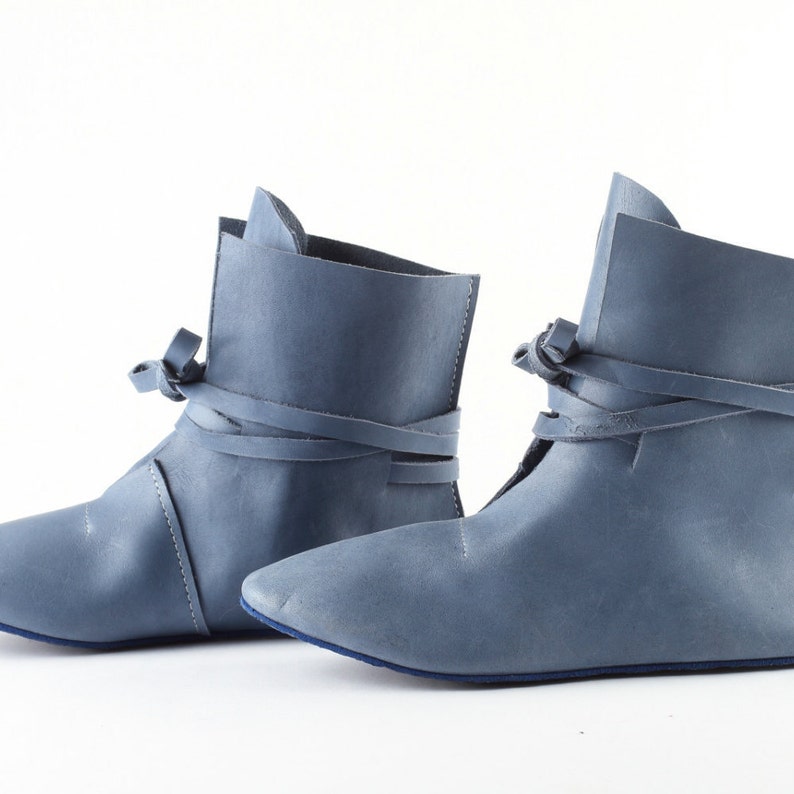 Women's Blue Real Leather Booties Navy Leather Medieval Style Festival