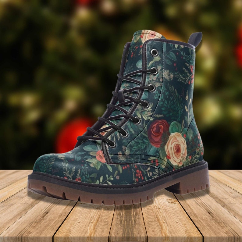 Men's Combat Boots Christmas Floral Boots Goth Shoes Leather