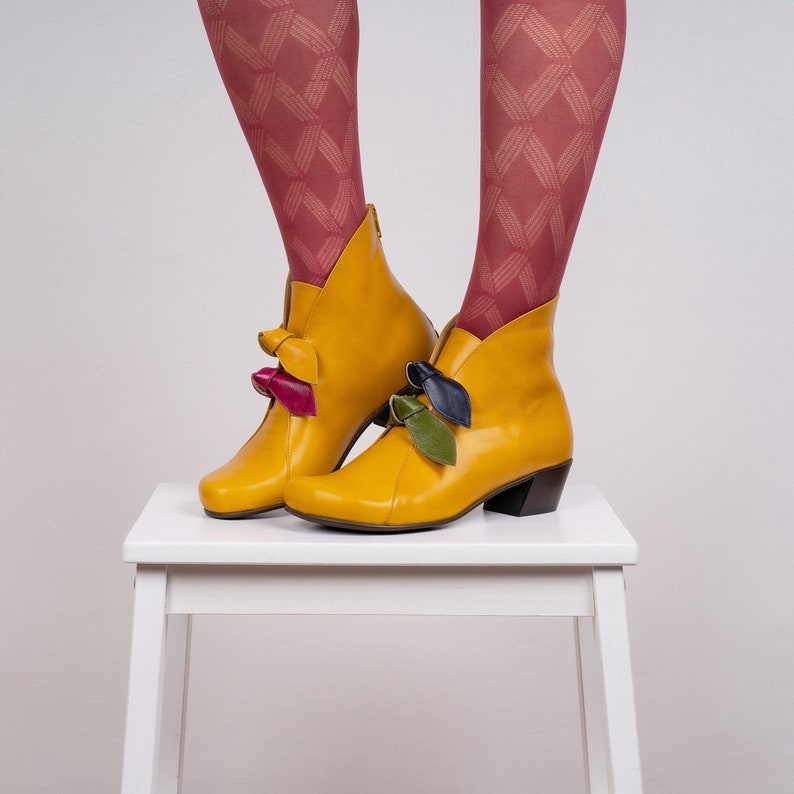 Women's Yellow Leather Boots With Colorful Bows Handmade Free