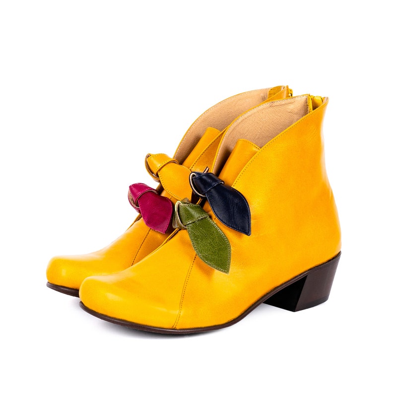 Women's Yellow Leather Boots With Colorful Bows Handmade Free