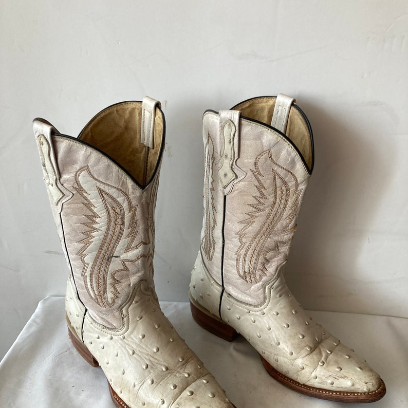 Women's Vintage White Leather Cowboy Boots-leather and Ostrich Skin