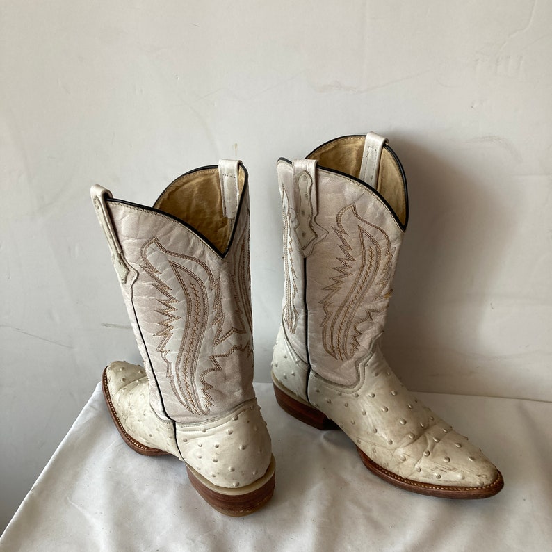 Women's Vintage White Leather Cowboy Boots-leather and Ostrich Skin