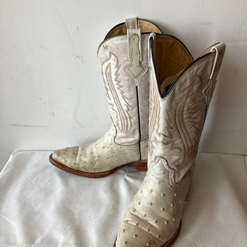 Women's Vintage White Leather Cowboy Boots-leather and Ostrich Skin