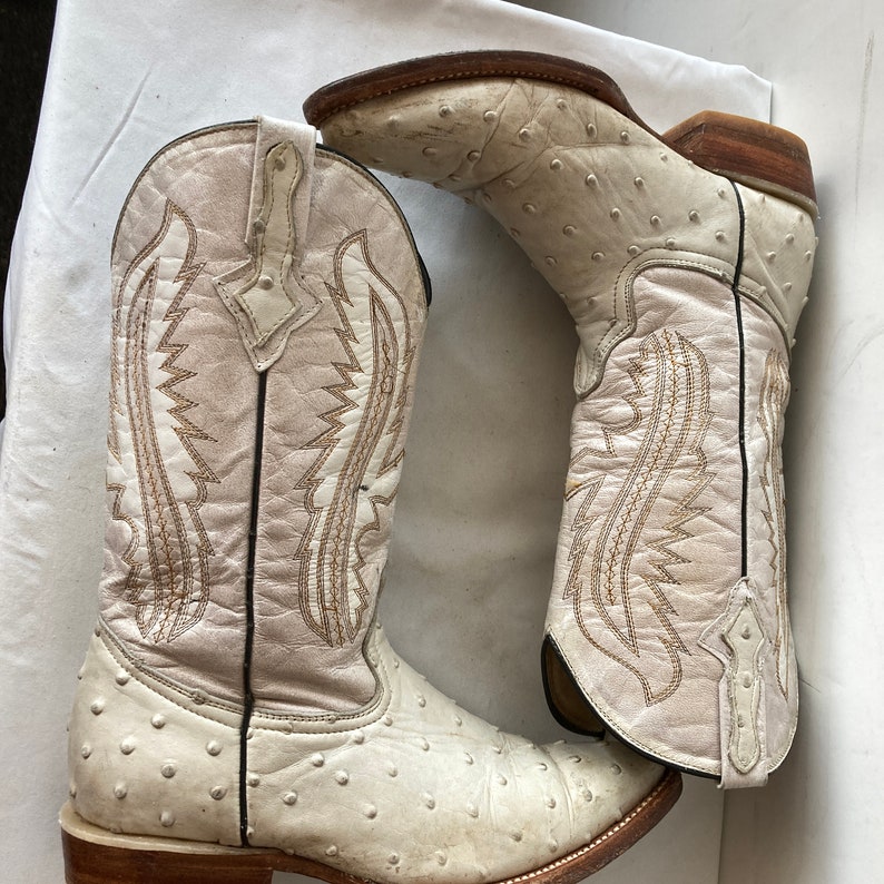 Women's Vintage White Leather Cowboy Boots-leather and Ostrich Skin