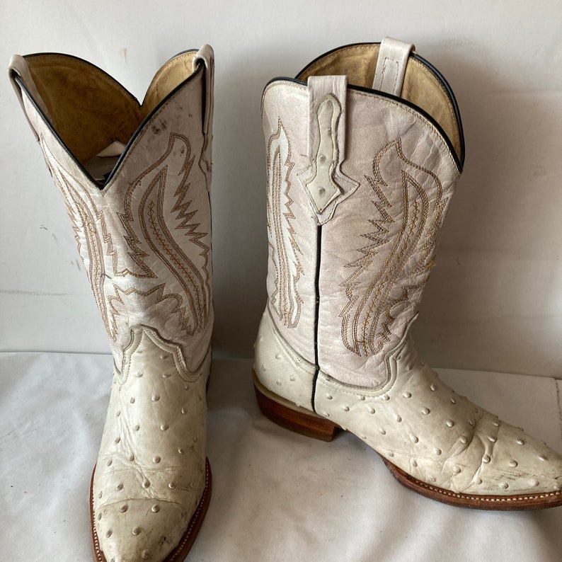 Women's Vintage White Leather Cowboy Boots-leather and Ostrich Skin