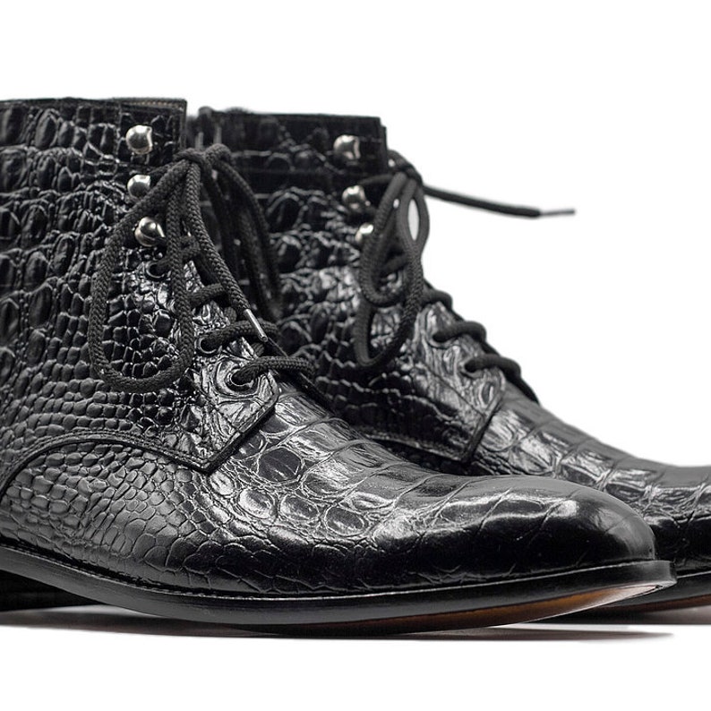 Men's Handmade Black Alligator Texture Leather Bootss