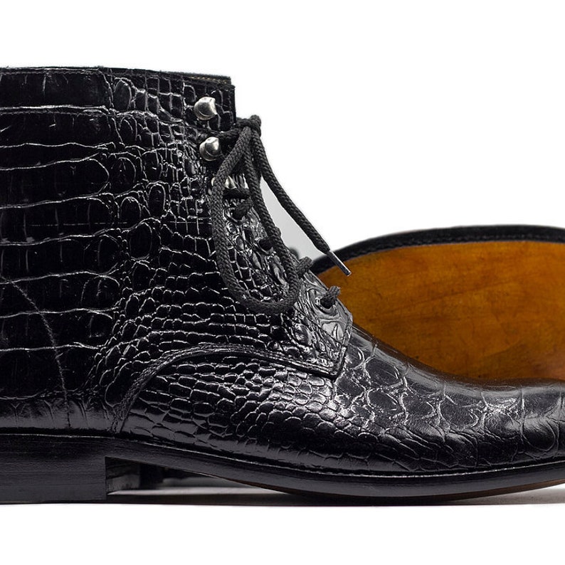 Men's Handmade Black Alligator Texture Leather Bootss