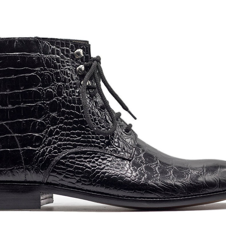 Men's Handmade Black Alligator Texture Leather Bootss