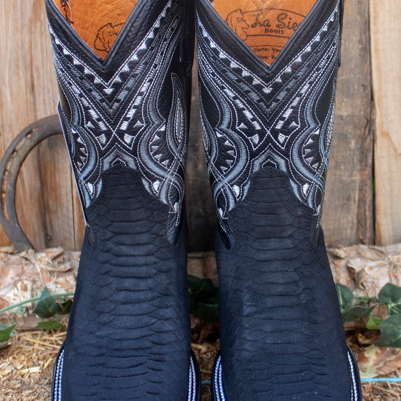 Men's Black PYTHON Snake Faux Leather Square Toe Cowboy Western