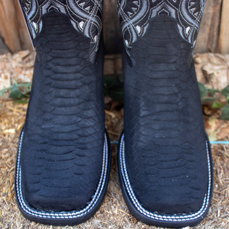 Men's Black PYTHON Snake Faux Leather Square Toe Cowboy Western