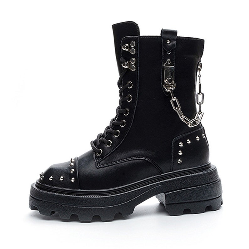 Men's Genuine Leather Gothic Punk Platform Boots Rock Metal Chain