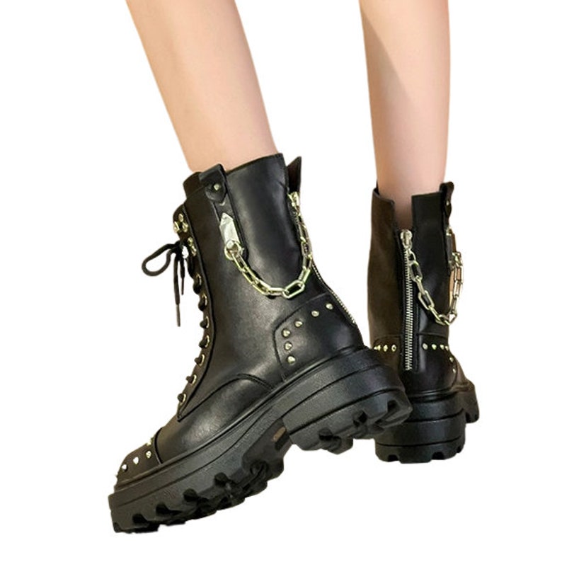 Men's Genuine Leather Gothic Punk Platform Boots Rock Metal Chain