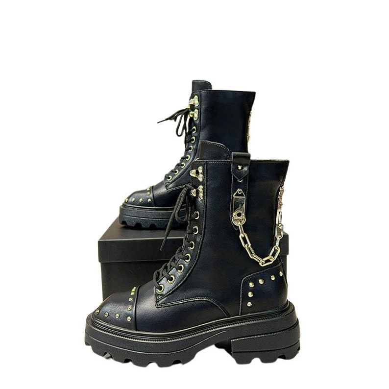 Men's Genuine Leather Gothic Punk Platform Boots Rock Metal Chain