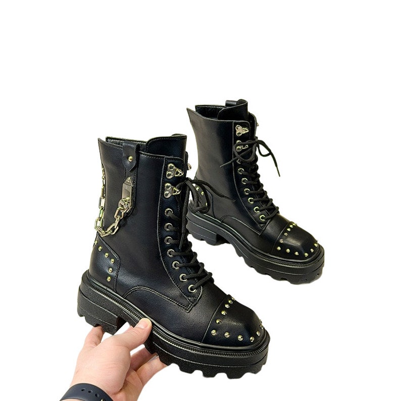 Men's Genuine Leather Gothic Punk Platform Boots Rock Metal Chain