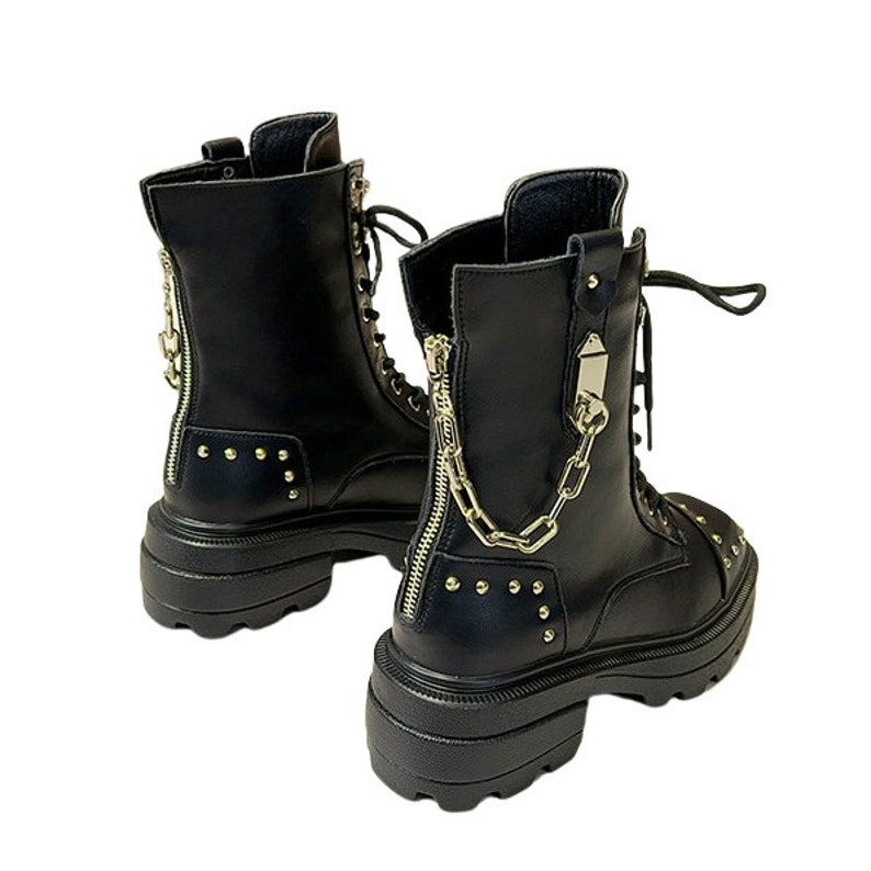 Men's Genuine Leather Gothic Punk Platform Boots Rock Metal Chain