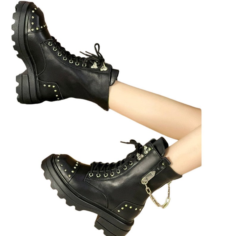 Men's Genuine Leather Gothic Punk Platform Boots Rock Metal Chain