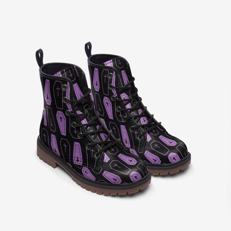 Women's Purple Coffins on Black Unisex Combat Boots Pastel Goth