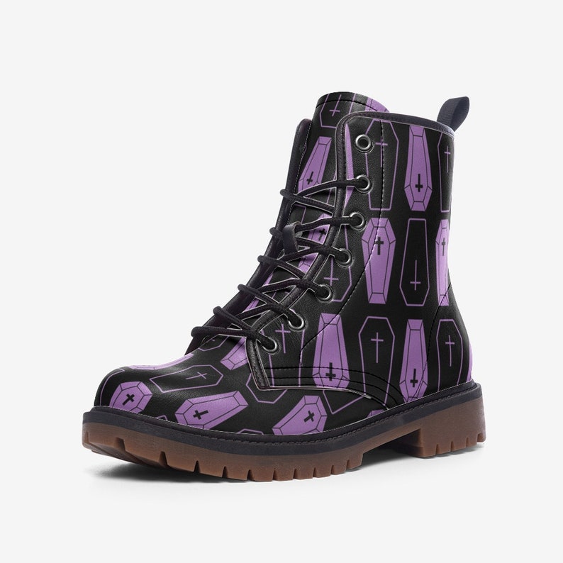 Women's Purple Coffins on Black Unisex Combat Boots Pastel Goth