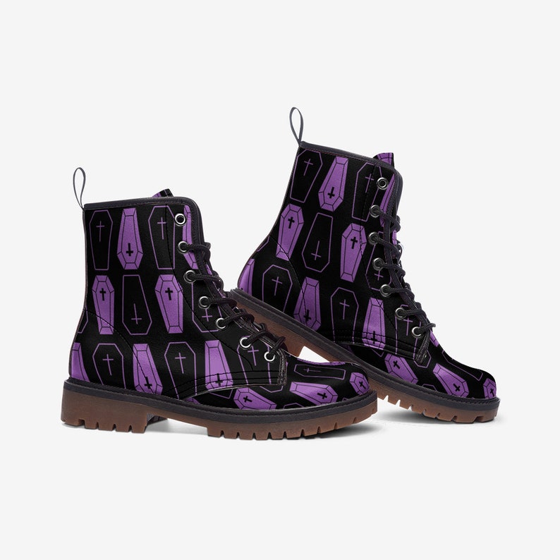 Women's Purple Coffins on Black Unisex Combat Boots Pastel Goth