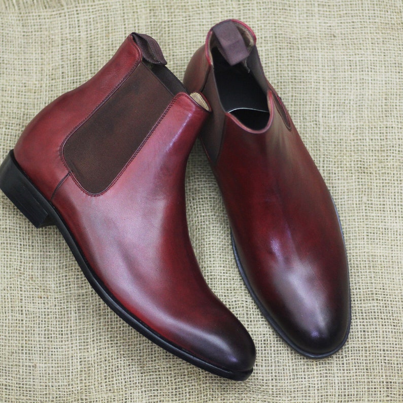 Men's Bespoke Handmade Burgundy Color Genuine Leather Ankle High