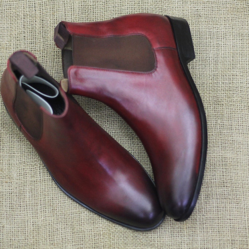 Men's Bespoke Handmade Burgundy Color Genuine Leather Ankle High