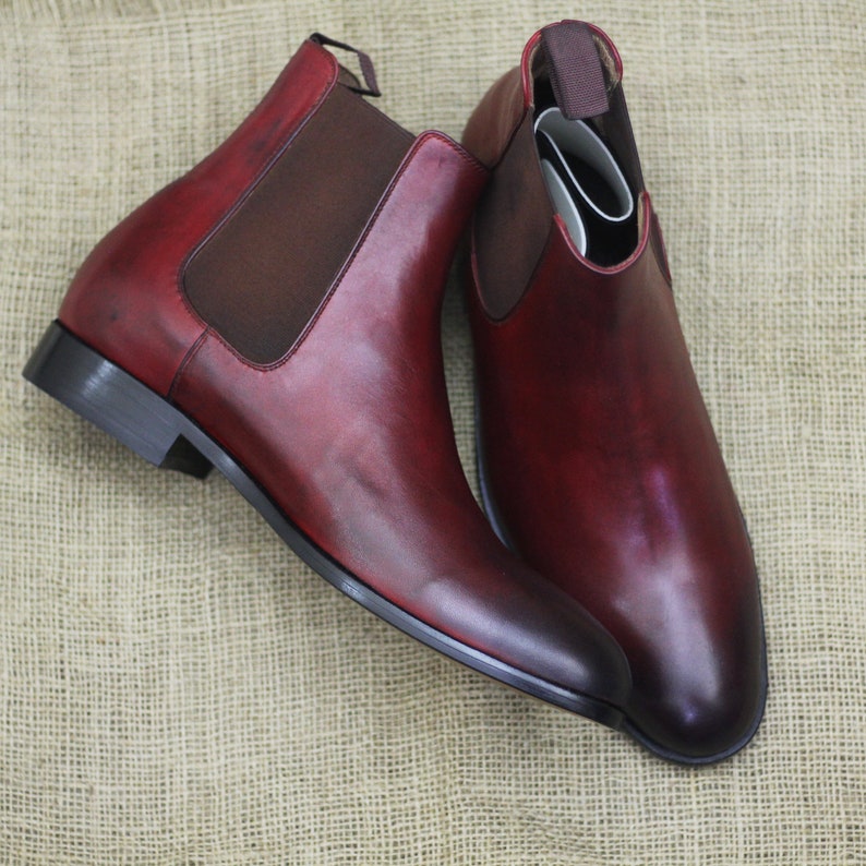 Men's Bespoke Handmade Burgundy Color Genuine Leather Ankle High