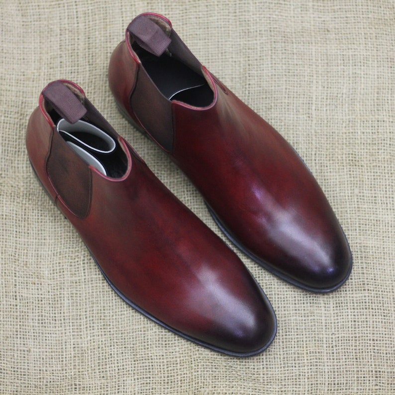 Men's Bespoke Handmade Burgundy Color Genuine Leather Ankle High