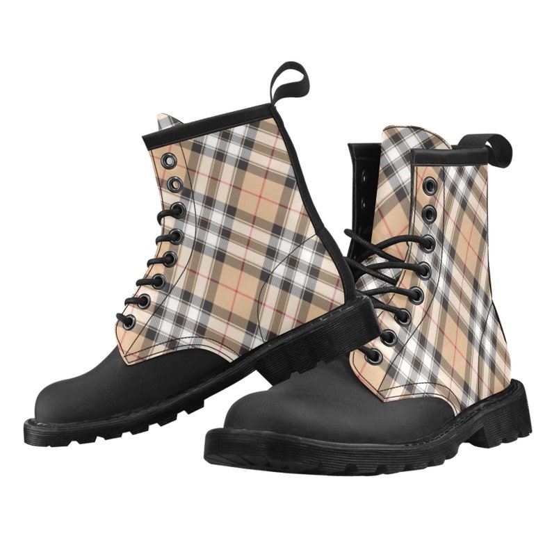 Women's Cream Plaid Boots Tartan Tan White Check Vegan