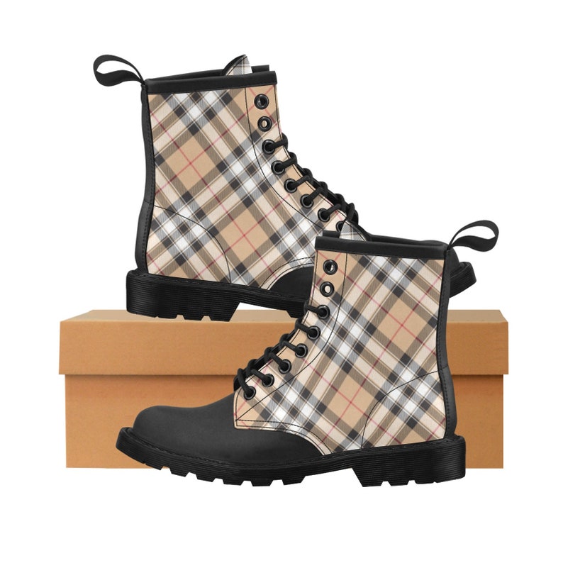 Women's Cream Plaid Boots Tartan Tan White Check Vegan