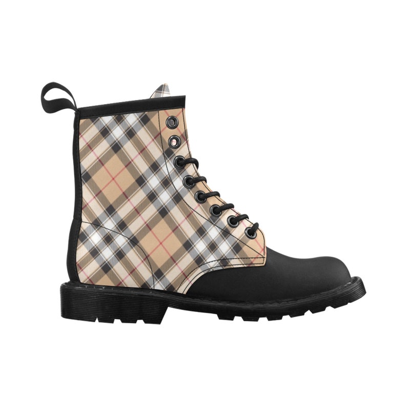 Women's Cream Plaid Boots Tartan Tan White Check Vegan