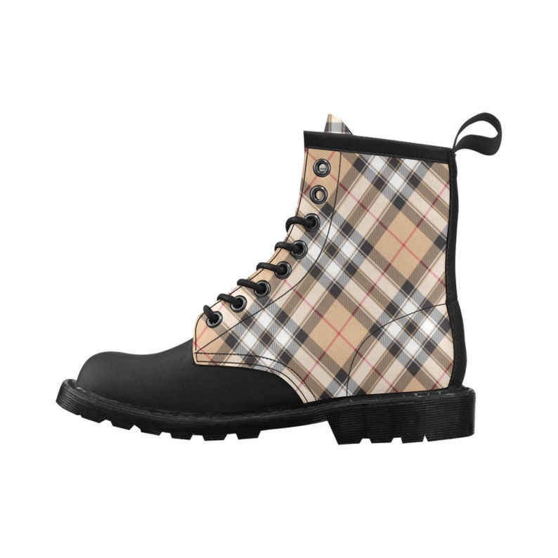 Women's Cream Plaid Boots Tartan Tan White Check Vegan