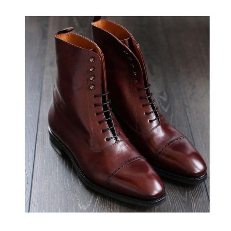 Men's Handmade Burgundy Color Lace up Boots Leather Ankle