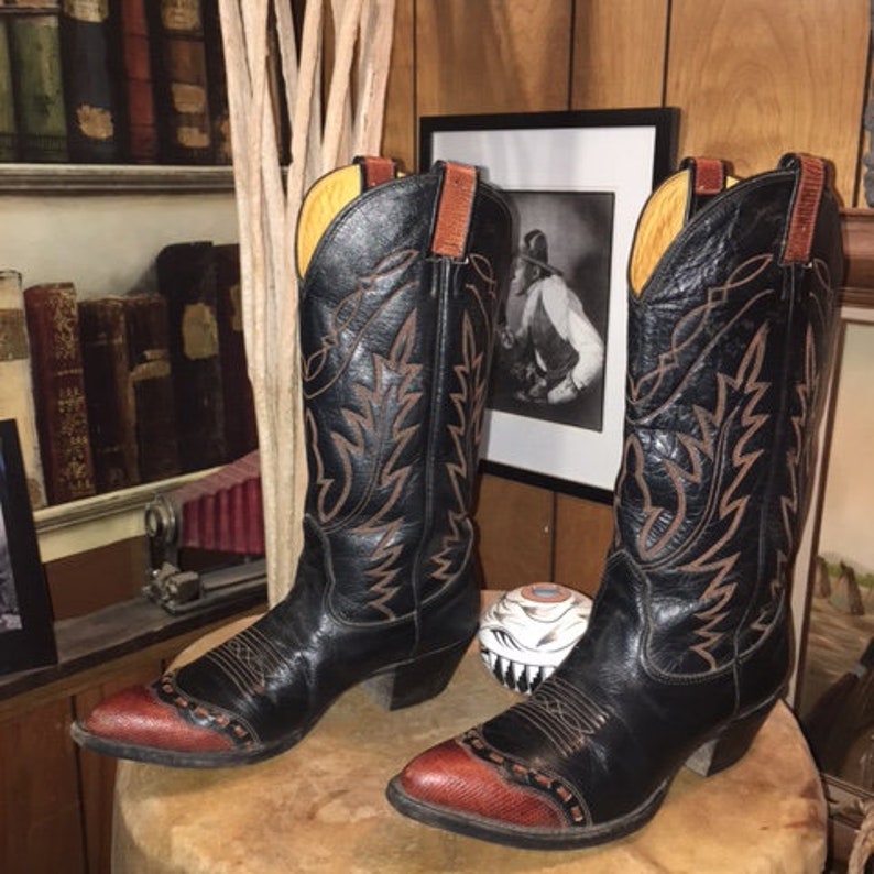 Men's Vintage Nocona Lizard Stitched Wingtip & Trim Black Cowboy