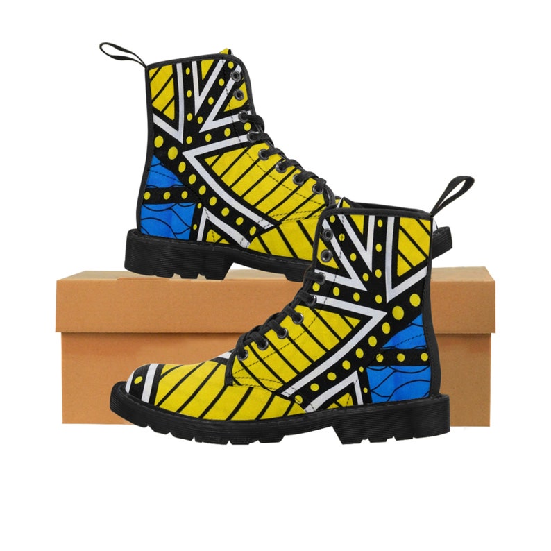 Women's Blue and Yellow Canvas Boots