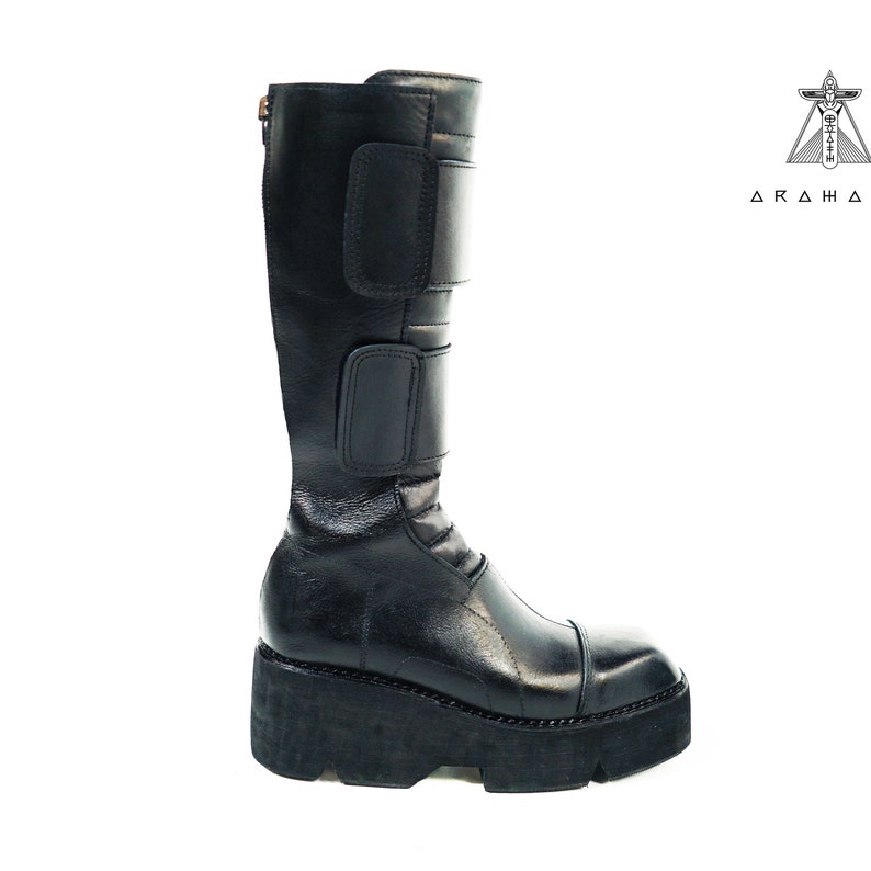 Men's Handmade Leather Knee High Boots With Platform Sole Dark