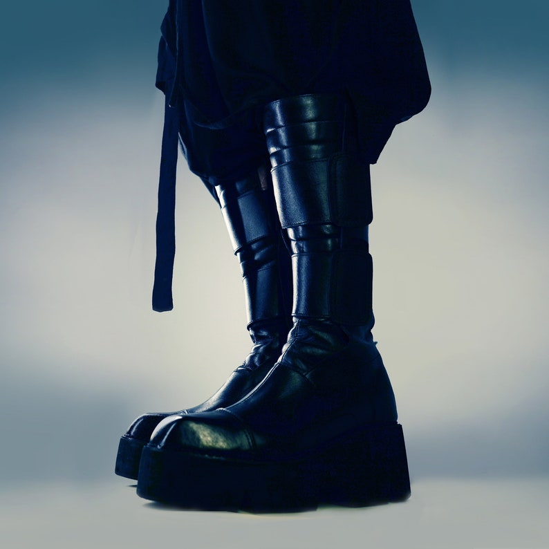 Men's Handmade Leather Knee High Boots With Platform Sole Dark